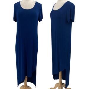 Chicos Travelers Stretchy Knit Midi Dress Asymmetrical High Low Hem Blue Medium